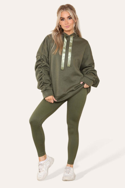 Oversized Ruched Sleeves Hoodie With Satin Ribbon With High Waist High Rise Seamless Ribbed Legging Set - Image 10