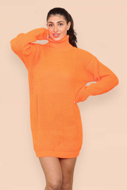 Polo Roll Neck Over Sized Ribbed Knitted Florescent Chunky Sweater Jumper Dress - Image 10
