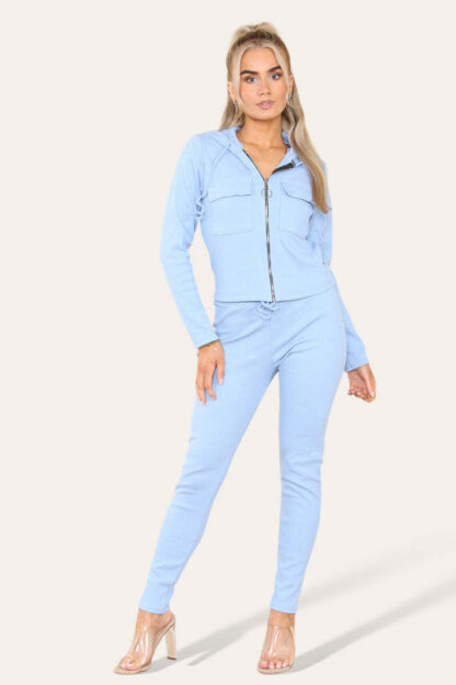 Front Pocket Zip Suit Ribbed Hooded Lounge Wear Set - Image 5