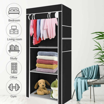 PRACTICAL FABRIC CANVAS WARDROBE HANGING RAIL SHELVING CLOTHES STORAGE CUPBOARD - Image 7