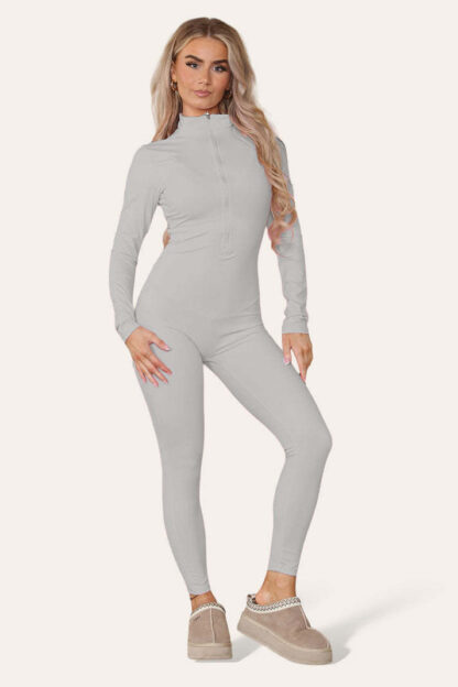 Ribbed High Neck Zipper Collar Jumpsuit Front Unitard Set - Image 7