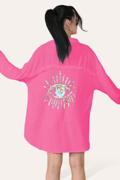Oversized Long Sleeve Gold Sequin Eye Button Up Shirt - Image 9