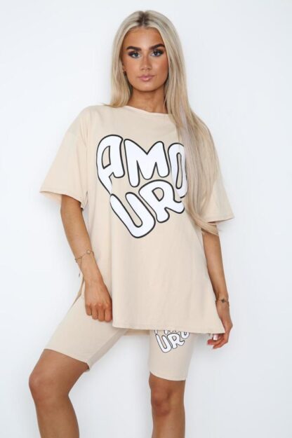 Cycling Short And T-Shirts Co-Ord Two Piece Side Slit Set With Front Printed Slogan - Image 9