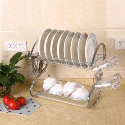 2 Tier Dish Drainer Rack With Drip Tray Kitchen Drying Rack Bowl Plate Holder UK - Image 10
