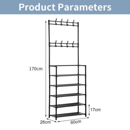 New Coat And Hat Stand 8 Hooks Metal Shoe Rack 5 Tiers Shelf Hanger Black - Image 9