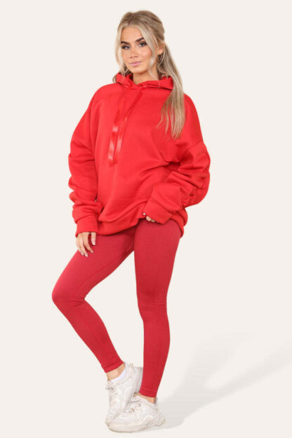 Oversized Ruched Sleeves Hoodie With Satin Ribbon With High Waist High Rise Seamless Ribbed Legging Set - Image 9