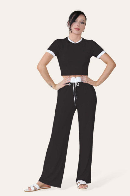Ribbed Contrast Wide Leg Flared Trousers And Top Loungewear TRS Cropped Set - Image 3