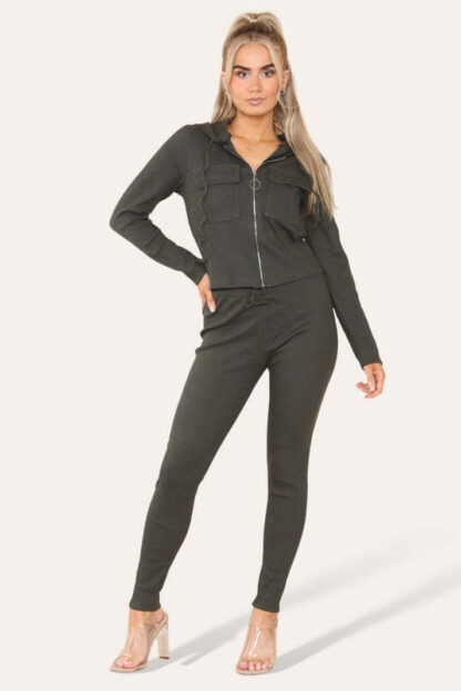 Front Pocket Zip Suit Ribbed Hooded Lounge Wear Set - Image 4