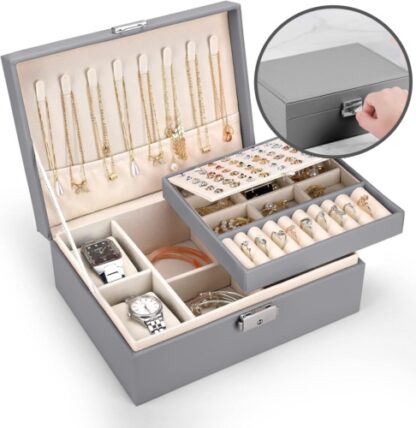 2 Layer Grey Jewellery Box Organizer Rings Necklaces Jewellry Storage Case Box - Image 10