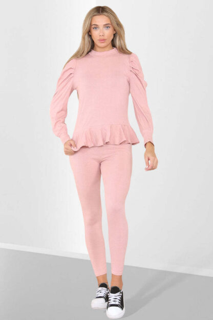 Puff Sleeves Set Frill Hem Peplum Ribbed Lounge Wear Suit - Image 2
