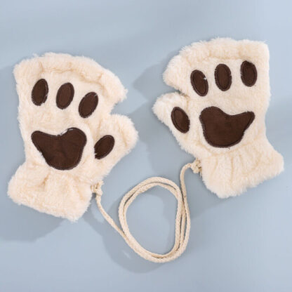 Women Plush Cat Paw Claw Gloves Warm Bear Paw Fingerless Mittens Winter Gloves - Image 2