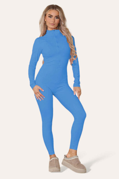 Ribbed High Neck Zipper Collar Jumpsuit Front Unitard Set - Image 4