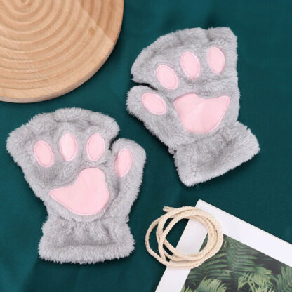 Women Plush Cat Paw Claw Gloves Warm Bear Paw Fingerless Mittens Winter Gloves - Image 9
