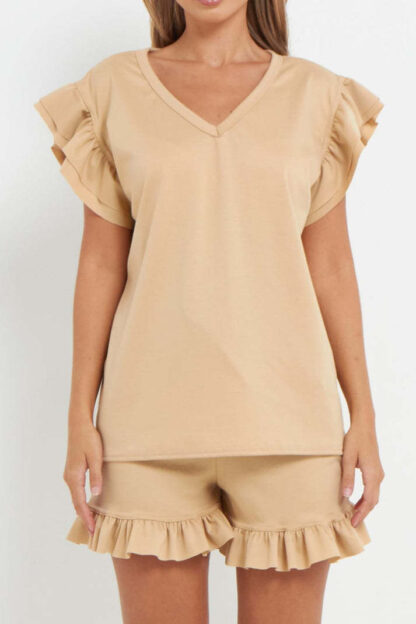 Ladies V Neck Frill Peplum Sleeve Top And Short 2 Piece Tracksuit Set - Image 4