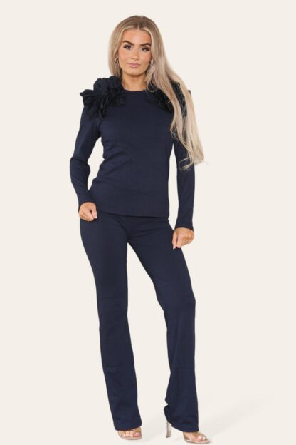 Ruffle Frill Shoulder Ribbed Loungewear Co-Ord Top & Trouser Set - Image 5