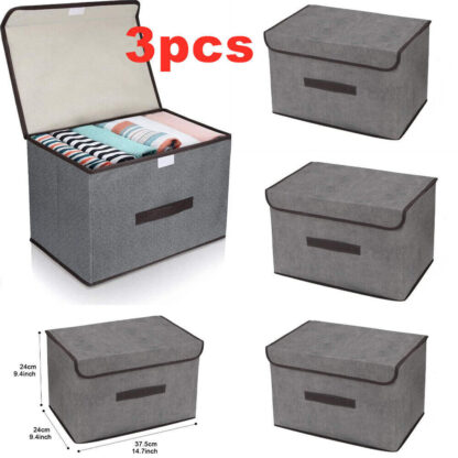 3Pcs Large Foldable Canvas Storage Boxes Folding Fabric Clothes Baskets With Lid - Image 7