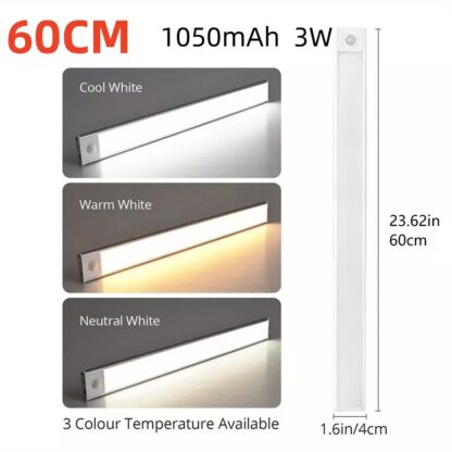 40-60-80cm LED PIR Motion Sensor Strip Light USB Rechargeable Cabinet Closet Lamp - Image 4