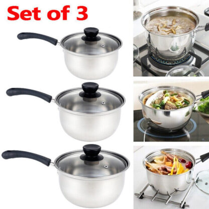 Set Of 3 Induction Non Stick Stainless Steel Cookware Kitchen Glass Lids Pot Pan - Image 4