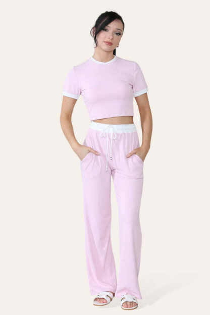 Ribbed Contrast Wide Leg Flared Trousers And Top Loungewear TRS Cropped Set - Image 7