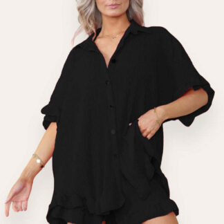 Button Pleated Frilled Ruffle Short Sleeves Shirt Top And Short Co-Ord Set