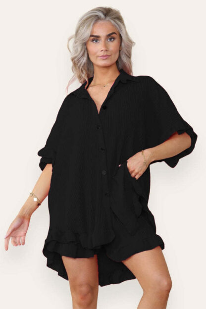 Button Pleated Frilled Ruffle Short Sleeves Shirt Top And Short Co-Ord Set
