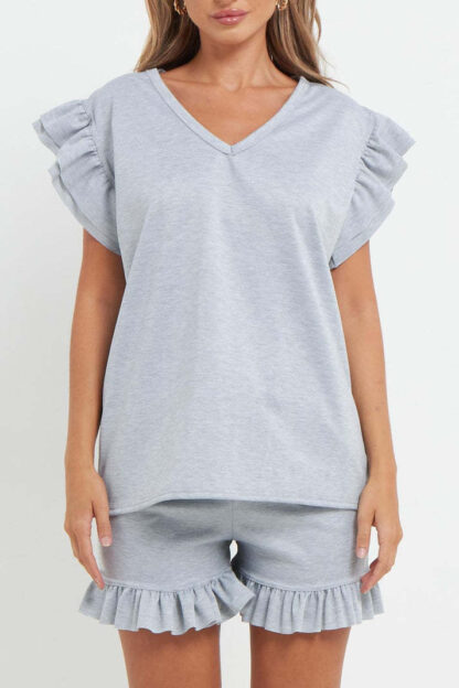 Ladies V Neck Frill Peplum Sleeve Top And Short 2 Piece Tracksuit Set - Image 6