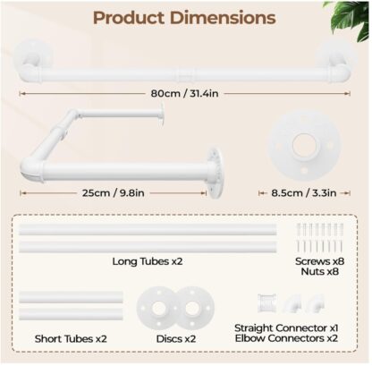 Tienily Industrial Pipe Clothes Rack, Metal Hanging Rails For Clothes, 80cm Clothes Rail Wall Mounted For Bedroom Storage