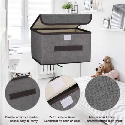 3Pcs Large Foldable Canvas Storage Boxes Folding Fabric Clothes Baskets With Lid - Image 6