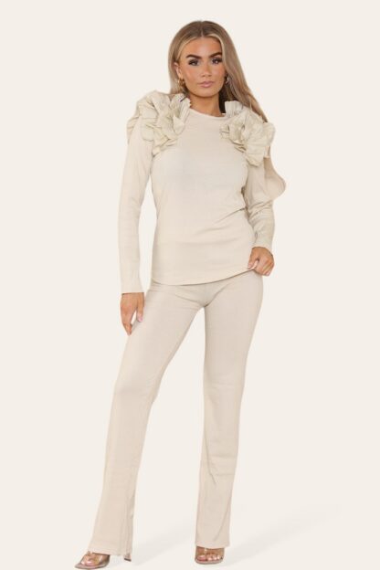 Ruffle Frill Shoulder Ribbed Loungewear Co-Ord Top & Trouser Set - Image 3
