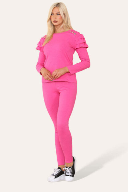 Frilled Sleeves Set Shoulder Golden Button Lounge Wear Suit - Image 6