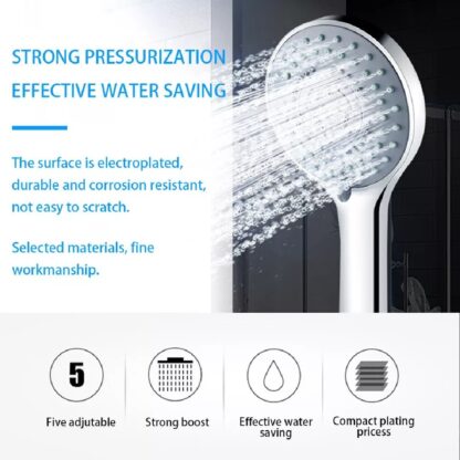 5-Mode Shower Head - High Pressure Handset, Large Chrome, Water Saving Bath Head - Image 2