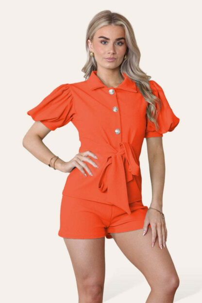Tie Belt Button Shorts Set - Image 3