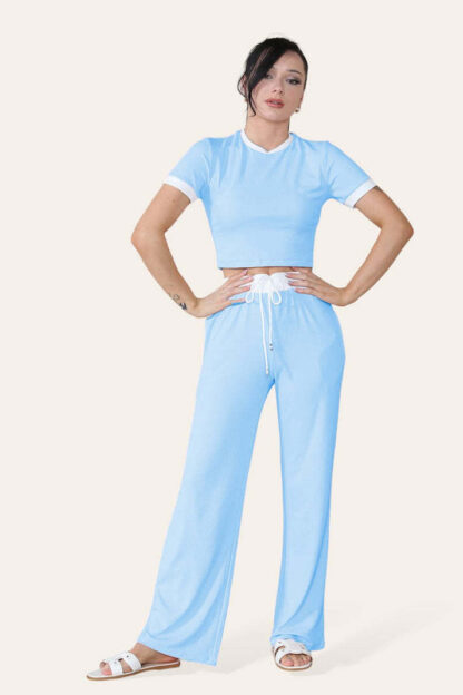 Ribbed Contrast Wide Leg Flared Trousers And Top Loungewear TRS Cropped Set - Image 8