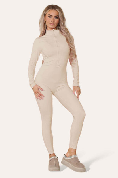 Ribbed High Neck Zipper Collar Jumpsuit Front Unitard Set - Image 3