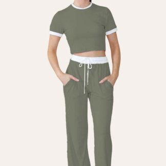 Ribbed Contrast Wide Leg Flared Trousers And Top Loungewear TRS Cropped Set