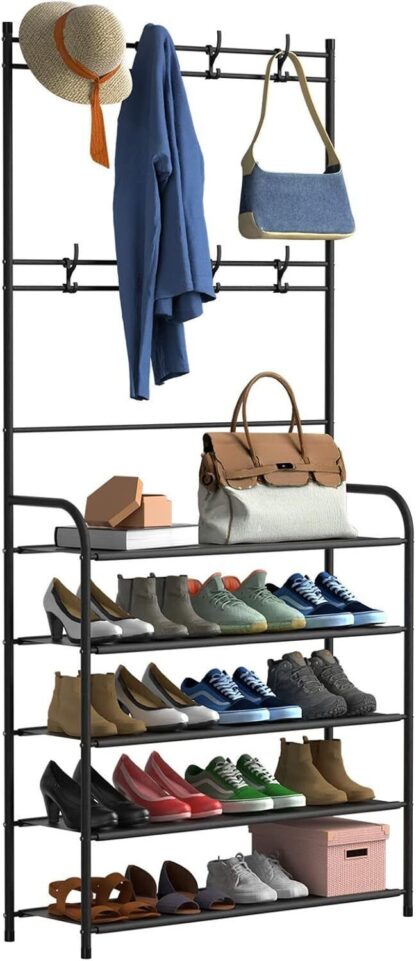 New Coat And Hat Stand 8 Hooks Metal Shoe Rack 5 Tiers Shelf Hanger Black - Image 8