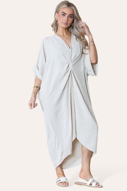 Womens V-Neck Tie Knotted Twisted Front Oversized Longline Midi Dress - Image 8
