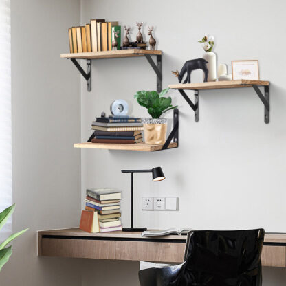 2x Wooden Floating Shelves Wall Mounted Display Storage Hold Rustic Industrial - Image 4