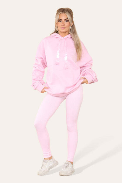 Oversized Ruched Sleeves Hoodie With Satin Ribbon With High Waist High Rise Seamless Ribbed Legging Set - Image 7