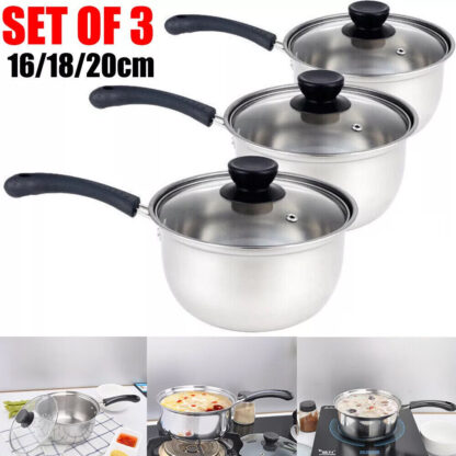 Set Of 3 Induction Non Stick Stainless Steel Cookware Kitchen Glass Lids Pot Pan - Image 7