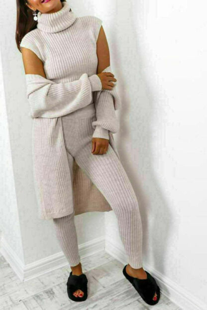 Ladies 3 Piece Suit Roll Neck Chunky Knitted Ribbed Tracksuit Lounge Set - Image 2