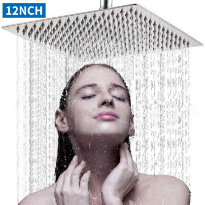 12   Large Square Shower Head Chrome Stainless Steel Rainfall Overhead Bathroom - Image 3