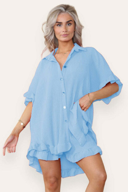Women Casual Oversized Gold Button Pleated Frilled Ruffle Short Sleeves Shirt Top And Short Co Ord Set - Image 5