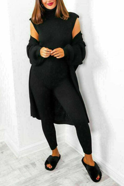 Ladies 3 Piece Suit Roll Neck Chunky Knitted Ribbed Tracksuit Lounge Set - Image 4