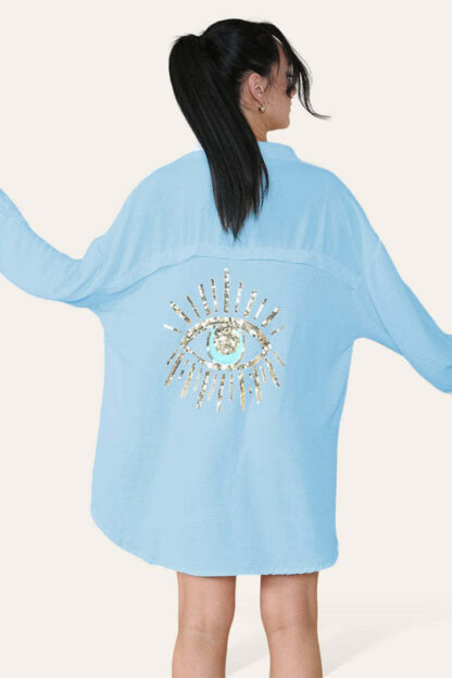 Oversized Long Sleeve Gold Sequin Eye Button Up Shirt - Image 8