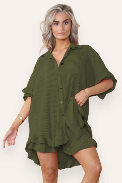 Women Casual Oversized Gold Button Pleated Frilled Ruffle Short Sleeves Shirt Top And Short Co Ord Set - Image 8
