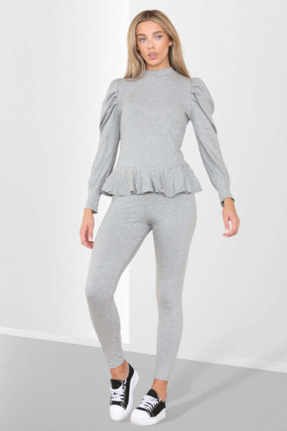 Puff Sleeves Set Frill Hem Peplum Ribbed Lounge Wear Suit - Image 3