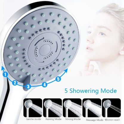 5-Mode Shower Head - High Pressure Handset, Large Chrome, Water Saving Bath Head - Image 8