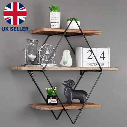 3 Tiered Floating Wall Mounted Display Shelf Wooden Shelves Black Frame Shelving - Image 3