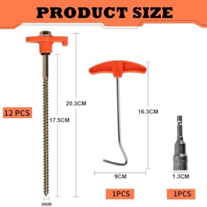 OFFOF 12 Pack Heavy Duty Metal Tent Pegs – Rotating Rock Pegs with Thread, Ground Anchors for Camping, Includes Drill Adapter & Nail Puller, Durable Steel Stakes for Garden, Canopies & Outdoor(orange) - Image 2